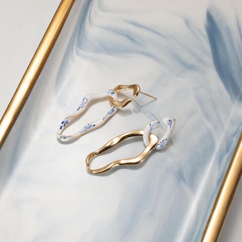 Asymmetrical Gold Long Earrings – Gold Drop Earrings with Ceramic Accent, Artistic Two-Tone Earrings for Women, Unique White and Gold Dangle Earrings for Gift in Saudi Arabia