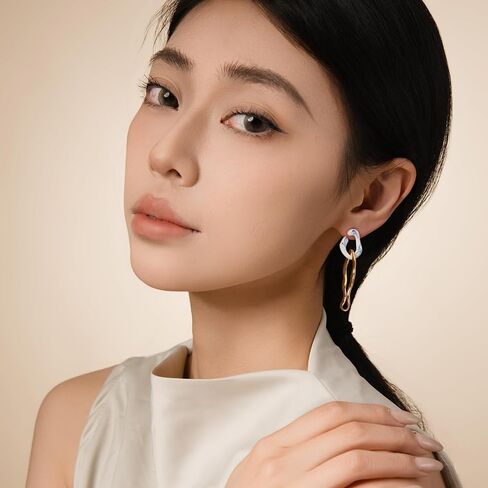 Asymmetrical Gold Long Earrings – Gold Drop Earrings with Ceramic Accent, Artistic Two-Tone Earrings for Women, Unique White and Gold Dangle Earrings for Gift in Saudi Arabia