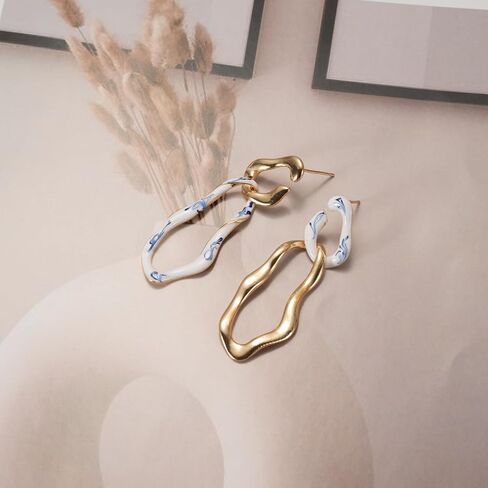 Asymmetrical Gold Long Earrings – Gold Drop Earrings with Ceramic Accent, Artistic Two-Tone Earrings for Women, Unique White and Gold Dangle Earrings for Gift in Saudi Arabia