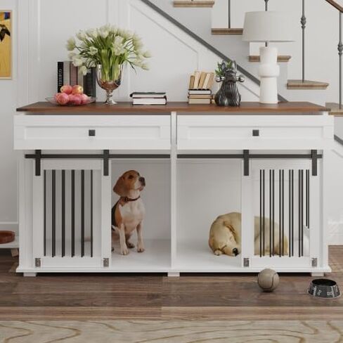 63 '' Double Dog Crate Furniture for 2 Dog ، XXL Wooden 2 Dog Cennel ، Congin Wooden Dog with اثنين من أدراج ، مقسم وباب انزلاق ، طاولة دفئة على طراز الأثاث الداخلي ، أبيض ، أبيض in Kuwait