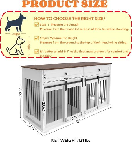 63 '' Double Dog Crate Furniture for 2 Dog ، XXL Wooden 2 Dog Cennel ، Congin Wooden Dog with اثنين من أدراج ، مقسم وباب انزلاق ، طاولة دفئة على طراز الأثاث الداخلي ، أبيض ، أبيض in Kuwait