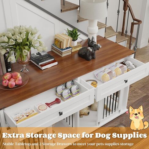 63 '' Double Dog Crate Furniture for 2 Dog ، XXL Wooden 2 Dog Cennel ، Congin Wooden Dog with اثنين من أدراج ، مقسم وباب انزلاق ، طاولة دفئة على طراز الأثاث الداخلي ، أبيض ، أبيض in Kuwait