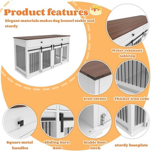 63 '' Double Dog Crate Furniture for 2 Dog ، XXL Wooden 2 Dog Cennel ، Congin Wooden Dog with اثنين من أدراج ، مقسم وباب انزلاق ، طاولة دفئة على طراز الأثاث الداخلي ، أبيض ، أبيض in Kuwait