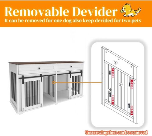 63 '' Double Dog Crate Furniture for 2 Dog ، XXL Wooden 2 Dog Cennel ، Congin Wooden Dog with اثنين من أدراج ، مقسم وباب انزلاق ، طاولة دفئة على طراز الأثاث الداخلي ، أبيض ، أبيض in Kuwait