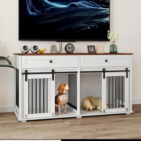 63 '' Double Dog Crate Furniture for 2 Dog ، XXL Wooden 2 Dog Cennel ، Congin Wooden Dog with اثنين من أدراج ، مقسم وباب انزلاق ، طاولة دفئة على طراز الأثاث الداخلي ، أبيض ، أبيض in Kuwait