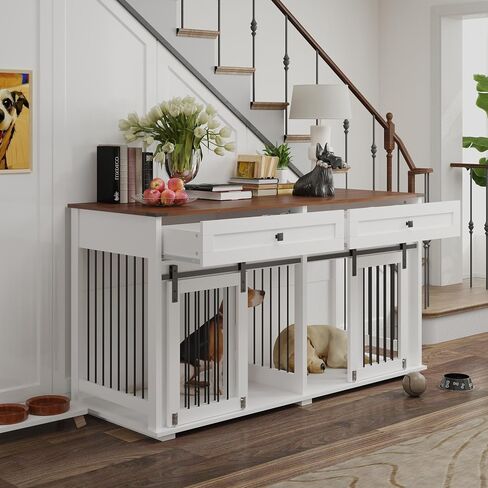 63 '' Double Dog Crate Furniture for 2 Dog ، XXL Wooden 2 Dog Cennel ، Congin Wooden Dog with اثنين من أدراج ، مقسم وباب انزلاق ، طاولة دفئة على طراز الأثاث الداخلي ، أبيض ، أبيض in Kuwait