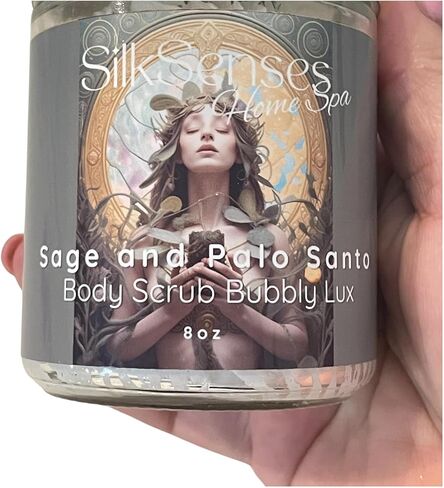 Sage و Palo Santo Body Scrub Lux ، Foamy ، Joy in a Jar ، مصنوع يدويًا على دفعات صغيرة ، مفضلة للعميل ، لطيف على الجلد ، روائح مذهلة in Saudi Arabia