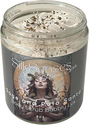 Sage و Palo Santo Body Scrub Lux ، Foamy ، Joy in a Jar ، مصنوع يدويًا على دفعات صغيرة ، مفضلة للعميل ، لطيف على الجلد ، روائح مذهلة in Saudi Arabia
