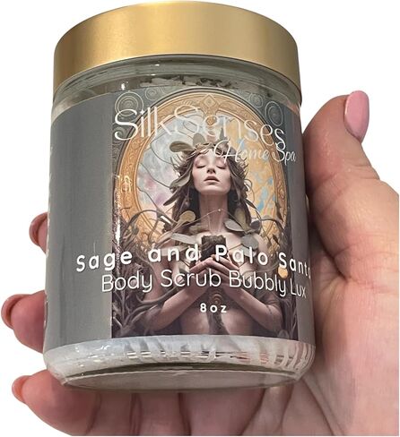 Sage و Palo Santo Body Scrub Lux ، Foamy ، Joy in a Jar ، مصنوع يدويًا على دفعات صغيرة ، مفضلة للعميل ، لطيف على الجلد ، روائح مذهلة in Saudi Arabia