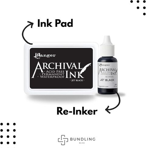 Ranger Archival Ink Pad and Reinker Bundle – Jet Black – Permanent, Waterproof, Acid-Free Ink Pad with 0.5oz Reinker – Ideal for Stamping, Scrapbooking, and Mixed Media in Kuwait