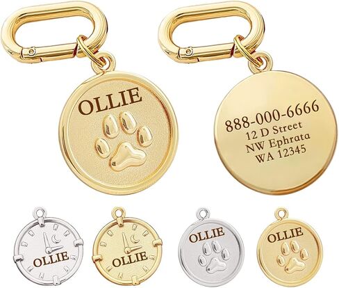 Dogs ID Tags Personalized Double Sided Deep Engraved Cat & Dog Collar Charm Round Shape Frosting Process Silver/Gold Plated (PAW-Gold) in Kuwait