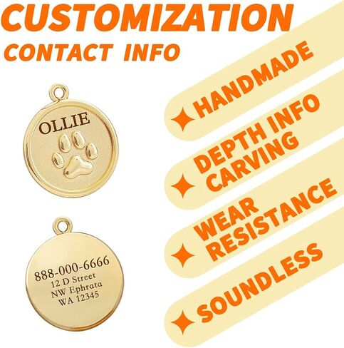 Dogs ID Tags Personalized Double Sided Deep Engraved Cat & Dog Collar Charm Round Shape Frosting Process Silver/Gold Plated (PAW-Gold) in Kuwait