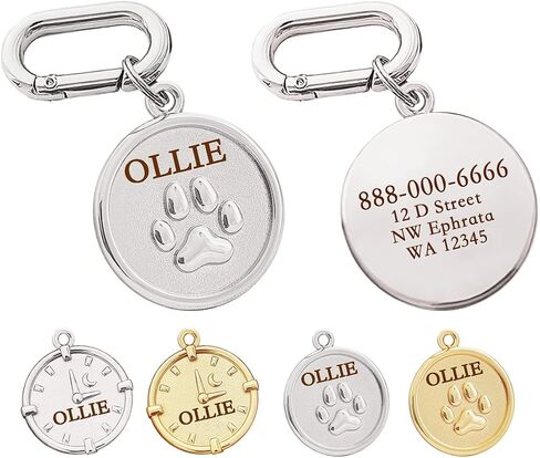 Dogs ID Tags Personalized Double Sided Deep Engraved Cat & Dog Collar Charm Round Shape Frosting Process Silver/Gold Plated (PAW-Gold) in Kuwait