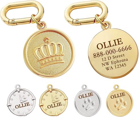 Dogs ID Tags Personalized Double Sided Deep Engraved Cat & Dog Collar Charm Round Shape Frosting Process Silver/Gold Plated (PAW-Gold) in Kuwait