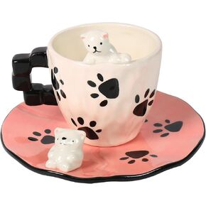 Cute Ceramic Coffee Mug, Handmade Polar Bear Tea Cups and Saucers for Women Tea Party, Latte Milk Cappuccino 8OZ (Pink Paw Prints) in Saudi Arabia