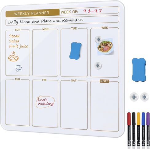 SELEAD 18 "X18" لوحة تخطيط زجاجية مغناطيسية لشقة صغيرة - تقويم جدار Whiteboard Whiteboard Whiteboard ، لوحة Message Todo Board للمطبخ المنزلي والأبيض والذهبي in Saudi Arabia