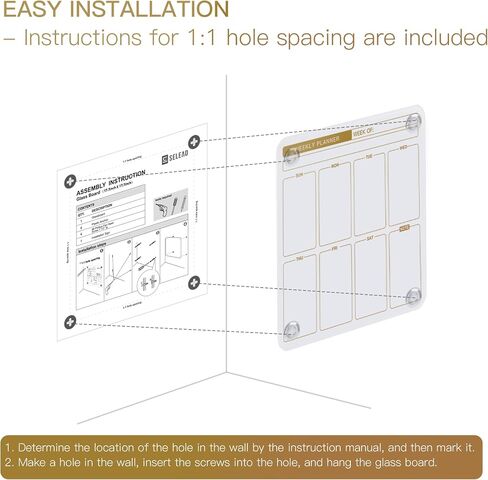 SELEAD 18 "X18" لوحة تخطيط زجاجية مغناطيسية لشقة صغيرة - تقويم جدار Whiteboard Whiteboard Whiteboard ، لوحة Message Todo Board للمطبخ المنزلي والأبيض والذهبي in Saudi Arabia