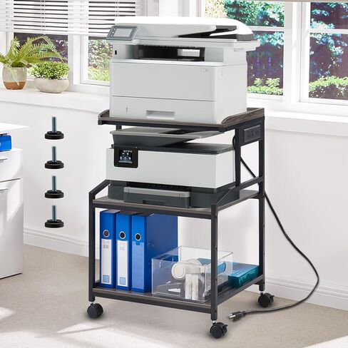 Lauren&Harold 3-tier Printer Stand with Storage Printer Table with Charging Station and USB Ports, Rolling Printer Cart with Adjustable Shelf, Large Printer Stand with Wheels for Home Office in Kuwait