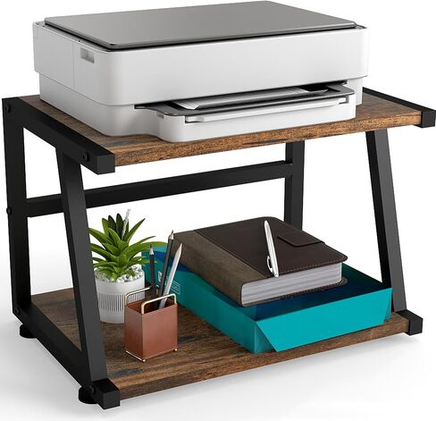 Printer Stand for Desk, 2 Tier Desktop Printer Shelf with Storage, 17.3" Wide x 11.8" Deep, Holder Stand Organizer, Modern Steel Frame Design, 5 Minute Assembly Rustic Brown and Black in Saudi Arabia