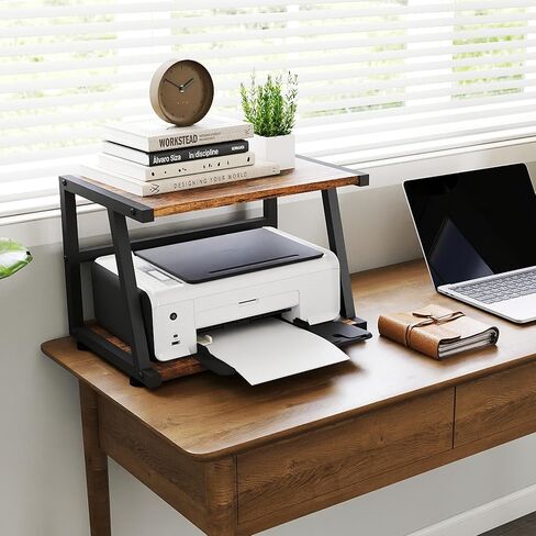 Printer Stand for Desk, 2 Tier Desktop Printer Shelf with Storage, 17.3" Wide x 11.8" Deep, Holder Stand Organizer, Modern Steel Frame Design, 5 Minute Assembly Rustic Brown and Black in Saudi Arabia