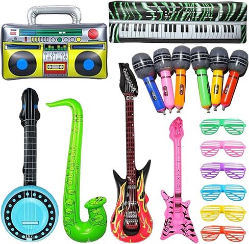 Juego de Juguetes Inflables de Estrella de Rock ، Musical De Los ، 18 Piezas de Decoraciones de Fiesta de Los Años 80 y 90 ، Guitarras inflables ، Saxofón ، Microónos ، Glasses.teclado ، Bass ، Pipa Lute in Kuwait