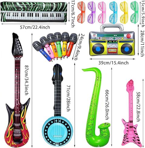 Juego de Juguetes Inflables de Estrella de Rock ، Musical De Los ، 18 Piezas de Decoraciones de Fiesta de Los Años 80 y 90 ، Guitarras inflables ، Saxofón ، Microónos ، Glasses.teclado ، Bass ، Pipa Lute in Kuwait