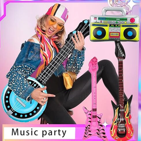 Juego de Juguetes Inflables de Estrella de Rock ، Musical De Los ، 18 Piezas de Decoraciones de Fiesta de Los Años 80 y 90 ، Guitarras inflables ، Saxofón ، Microónos ، Glasses.teclado ، Bass ، Pipa Lute in Kuwait