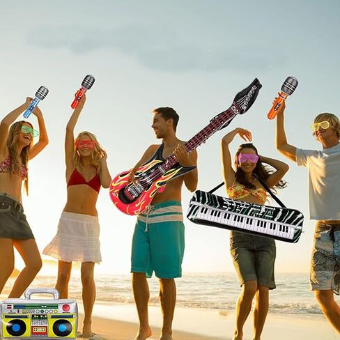 Juego de Juguetes Inflables de Estrella de Rock ، Musical De Los ، 18 Piezas de Decoraciones de Fiesta de Los Años 80 y 90 ، Guitarras inflables ، Saxofón ، Microónos ، Glasses.teclado ، Bass ، Pipa Lute in Kuwait