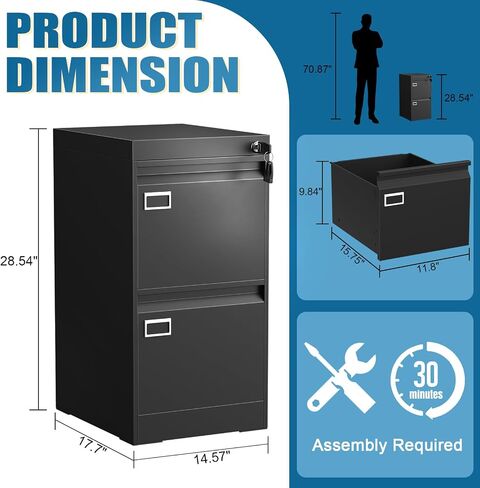 2 Drawer File Cabinet with Lock, Metal Small File Cabinet, Black Filing Cabinets for Home Office, Vertical File Cabinets Locked for A4/F4/Letter/Legal, Easy Assemble in Saudi Arabia