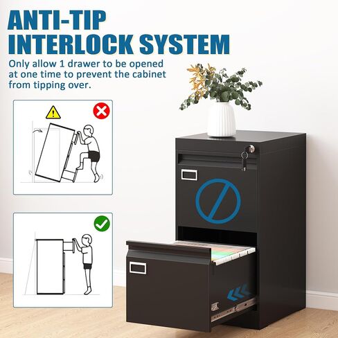 2 Drawer File Cabinet with Lock, Metal Small File Cabinet, Black Filing Cabinets for Home Office, Vertical File Cabinets Locked for A4/F4/Letter/Legal, Easy Assemble in Saudi Arabia