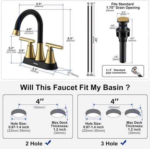 4 inch Brushed Gold Bathroom Sink Faucet with Pop-up Drain and 2 Supply Hoses, Stainless Steel Lead-Free 2-Handle Centerset Faucet for Vanity RV in Kuwait