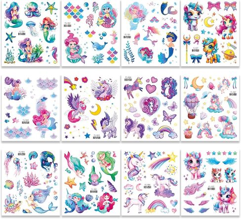 Glitter Unicorn Temporary Tattoos for Girls - 12 Sheets 120+ Styles Unicorn Mermaid Glitter Fake Tattoo for Kids Girls Birthday Party Supplies Favors Q749 in Saudi Arabia