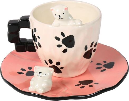Cute Ceramic Coffee Mug, Handmade Polar Bear Tea Cups and Saucers for Women Tea Party, Latte Milk Cappuccino 8OZ (Pink Paw Prints) in Saudi Arabia
