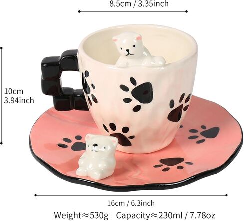 Cute Ceramic Coffee Mug, Handmade Polar Bear Tea Cups and Saucers for Women Tea Party, Latte Milk Cappuccino 8OZ (Pink Paw Prints) in Saudi Arabia