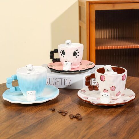Cute Ceramic Coffee Mug, Handmade Polar Bear Tea Cups and Saucers for Women Tea Party, Latte Milk Cappuccino 8OZ (Pink Paw Prints) in Saudi Arabia