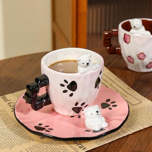 Cute Ceramic Coffee Mug, Handmade Polar Bear Tea Cups and Saucers for Women Tea Party, Latte Milk Cappuccino 8OZ (Pink Paw Prints) in Saudi Arabia