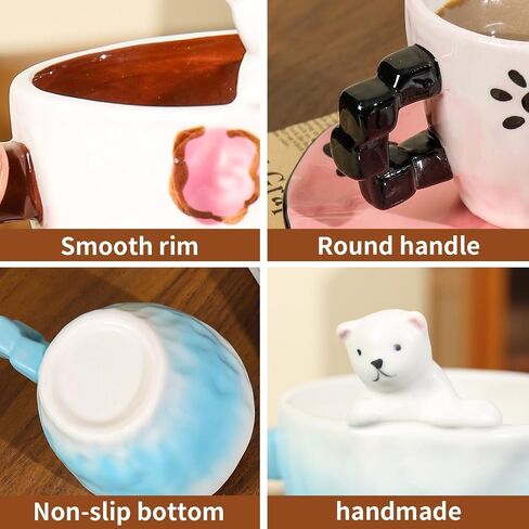 Cute Ceramic Coffee Mug, Handmade Polar Bear Tea Cups and Saucers for Women Tea Party, Latte Milk Cappuccino 8OZ (Pink Paw Prints) in Saudi Arabia