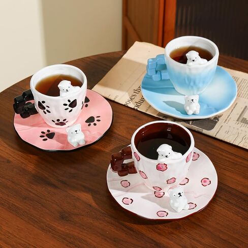 Cute Ceramic Coffee Mug, Handmade Polar Bear Tea Cups and Saucers for Women Tea Party, Latte Milk Cappuccino 8OZ (Pink Paw Prints) in Saudi Arabia
