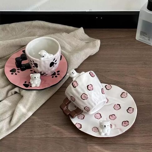 Cute Ceramic Coffee Mug, Handmade Polar Bear Tea Cups and Saucers for Women Tea Party, Latte Milk Cappuccino 8OZ (Pink Paw Prints) in Saudi Arabia