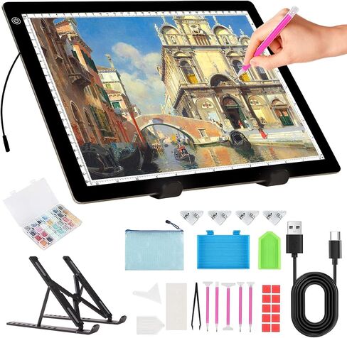 A4 Light Board for Diamond Painting - Tracing Light Box with Stand, Stepless Dimmable 3 Levels Brightness Light Pad, Ultra-Thin LED Light Pad for Weeding Vinyl, Drawing, Diamond Painting in Saudi Arabia