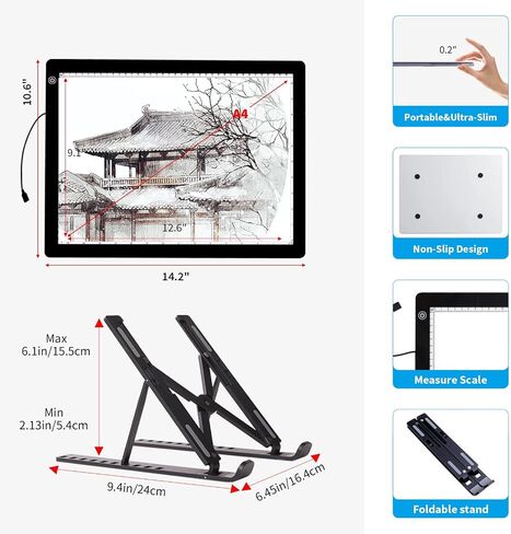 A4 Light Board for Diamond Painting - Tracing Light Box مع حامل ، وسادة ضوء سطوع 3 مستويات غير قابلة للتخطي in Kuwait
