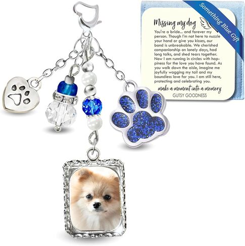 Something Blue Dog Memorial Wedding Day Charm for Bride Handmade Bouquet Accessory, Custom Picture Photo Frame & Glitter Paw Print | Jewelry Travel Pouch Card Set, Bridal Shower Gift | Gutsy Goodness in Saudi Arabia