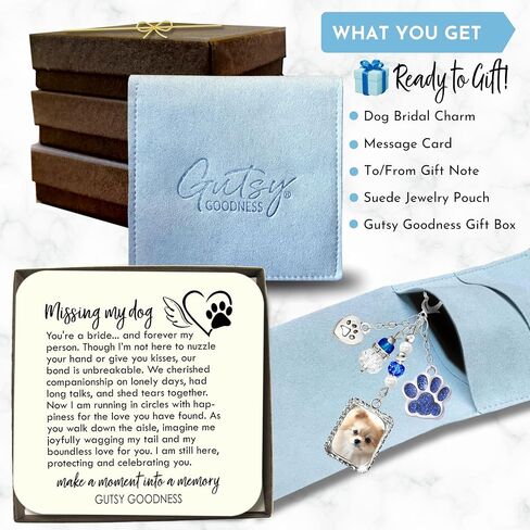 Something Blue Dog Memorial Wedding Day Charm for Bride Handmade Bouquet Accessory, Custom Picture Photo Frame & Glitter Paw Print | Jewelry Travel Pouch Card Set, Bridal Shower Gift | Gutsy Goodness in Saudi Arabia
