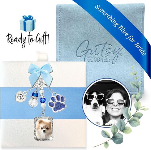 Something Blue Dog Memorial Wedding Day Charm for Bride Handmade Bouquet Accessory, Custom Picture Photo Frame & Glitter Paw Print | Jewelry Travel Pouch Card Set, Bridal Shower Gift | Gutsy Goodness in Saudi Arabia