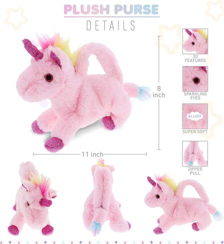 DolliBu Pink Unicorn Plush Handbag - Super Soft Stuffed Animal Purse for Children's Accessories, Kids Hand Bag Toy, Fluffy Dress Up Toy for Girls and Boys - 11 Inches in Saudi Arabia