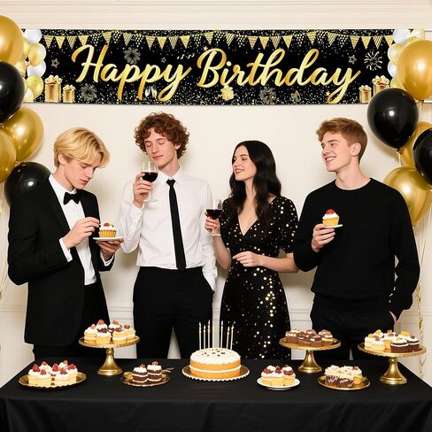 زخارف راية عيد ميلاد سعيدة للبنين والبنات - لافتة بريق كبيرة قابلة لإعادة الاستخدام من الذهب الأسود ، وديكور خلفي في الهواء الطلق مقاوم للماء 118x20 بوصة in Kuwait