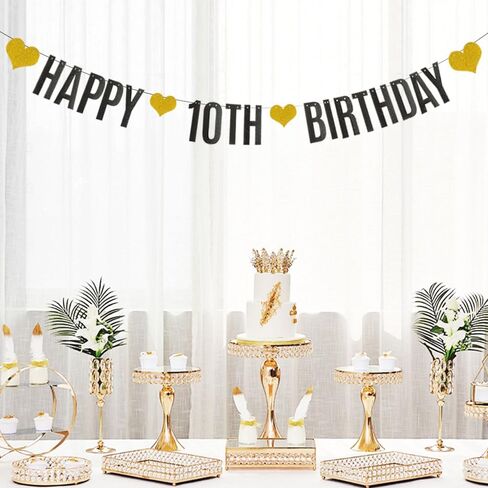 HAPPY 10TH BIRTHDAY Banner,Black Glitter Paper Banner for 10th Birthday Party Decorations Supplies,Pre-Strung, No Assembly Needed,Letters Black,Betteryanzi in Saudi Arabia