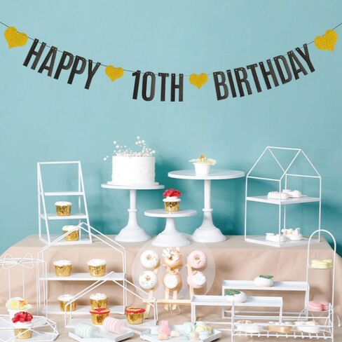 HAPPY 10TH BIRTHDAY Banner,Black Glitter Paper Banner for 10th Birthday Party Decorations Supplies,Pre-Strung, No Assembly Needed,Letters Black,Betteryanzi in Saudi Arabia