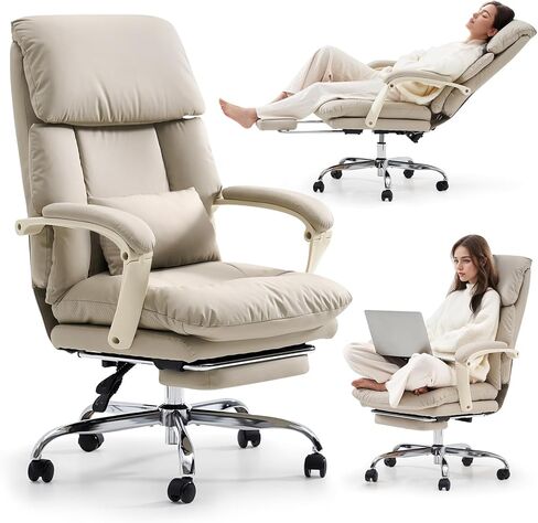 EMIAH Office Chair with Foot Rest, Ergonomic Executive Office Chair with Arms, Reclining High Back PU Leather Comfy Swivel Computer Desk Chairs with Wheels and Lumbar Support for Home Office, Beige in Saudi Arabia