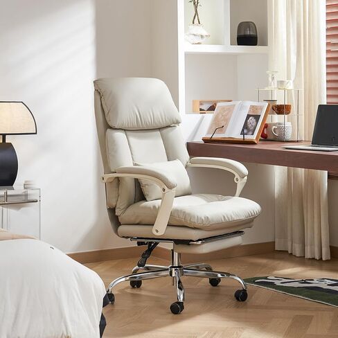 EMIAH Office Chair with Foot Rest, Ergonomic Executive Office Chair with Arms, Reclining High Back PU Leather Comfy Swivel Computer Desk Chairs with Wheels and Lumbar Support for Home Office, Beige in Saudi Arabia